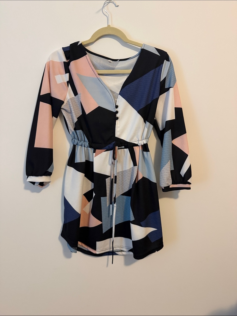 Geometric Print Mini Dress in Navy, Blush & White